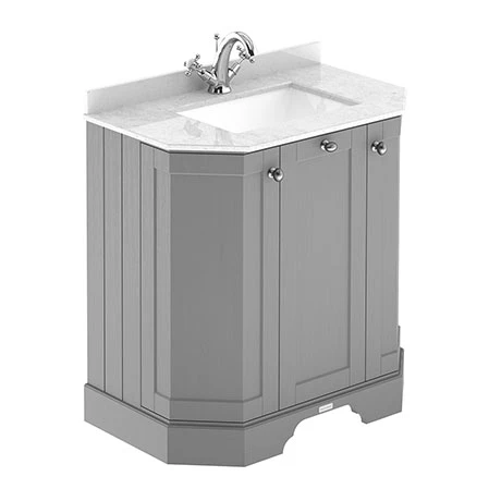 Old London Storm Grey Art Deco 750mm Angled Cabinet With White Marble Basin Top 1 Old London Storm Grey Art Deco 750mm Angled Cabinet With White Marble Basin Top