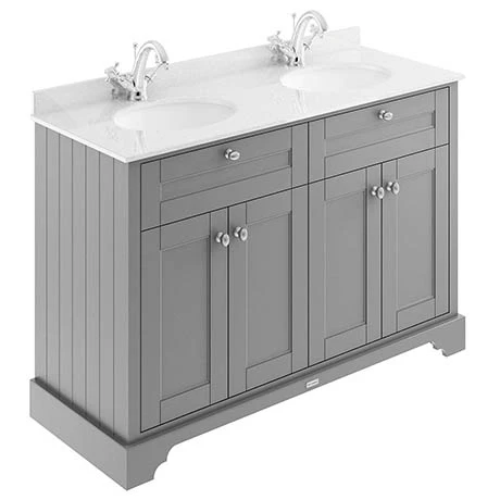 Old London 1200mm Cabinet & Double Bowl White Marble Top - Storm Grey 1 Old London 1200mm Cabinet & Double Bowl White Marble Top - Storm Grey