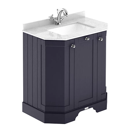 Old London Twilight Blue Art Deco 750mm Angled Cabinet With White Marble Basin Top 1 Old London Twilight Blue Art Deco 750mm Angled Cabinet With White Marble Basin Top
