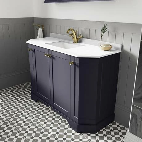 Old London Twilight Blue Art Deco 1000mm Angled Cabinet With White Marble Basin Top 2 Old London Twilight Blue Art Deco 1000mm Angled Cabinet With White Marble Basin Top - Image 2