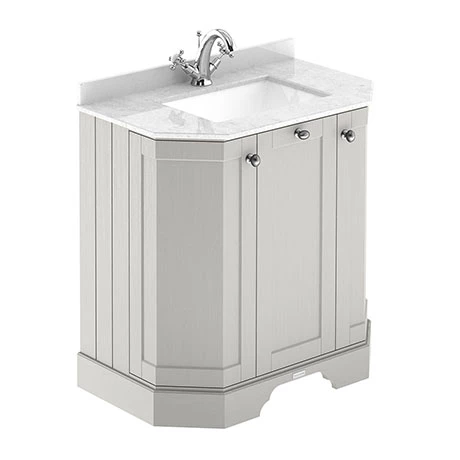 Old London Timeless Sand Art Deco 750mm Angled Cabinet With White Marble Basin Top 1 Old London Timeless Sand Art Deco 750mm Angled Cabinet With White Marble Basin Top