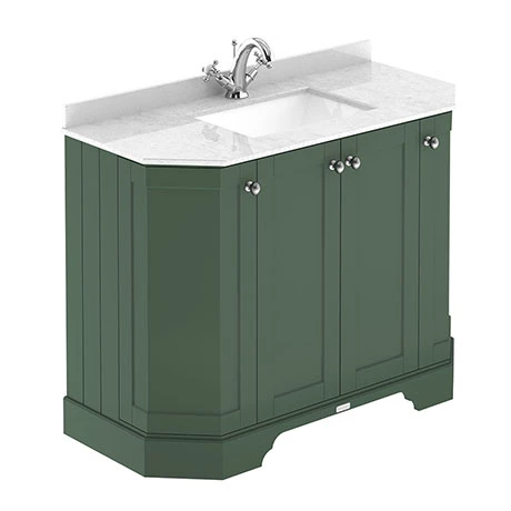 Old London Hunter Green Art Deco 1000mm Angled Cabinet With White Marble Basin Top 1 Old London Hunter Green Art Deco 1000mm Angled Cabinet With White Marble Basin Top