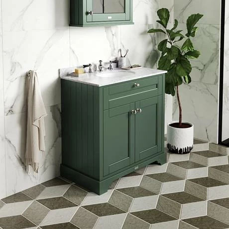 Old London 800mm Cabinet & Single Bowl White Marble Top - Hunter Green 2 Old London 800mm Cabinet & Single Bowl White Marble Top - Hunter Green - Image 2