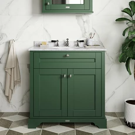 Old London 800mm Cabinet & Single Bowl White Marble Top - Hunter Green 3 Old London 800mm Cabinet & Single Bowl White Marble Top - Hunter Green - Image 3